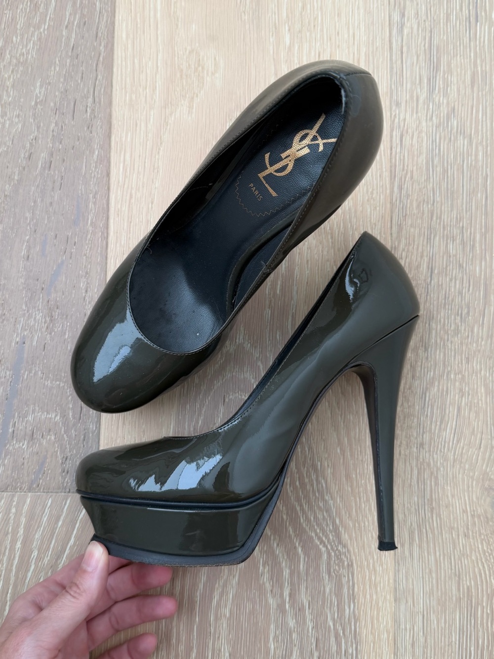 YSL Tribute Grey Patent Leather Platform Pumps